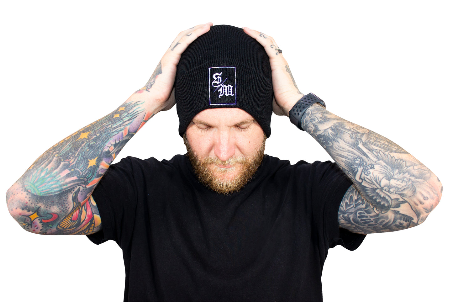 SM Initials Black Beanie model