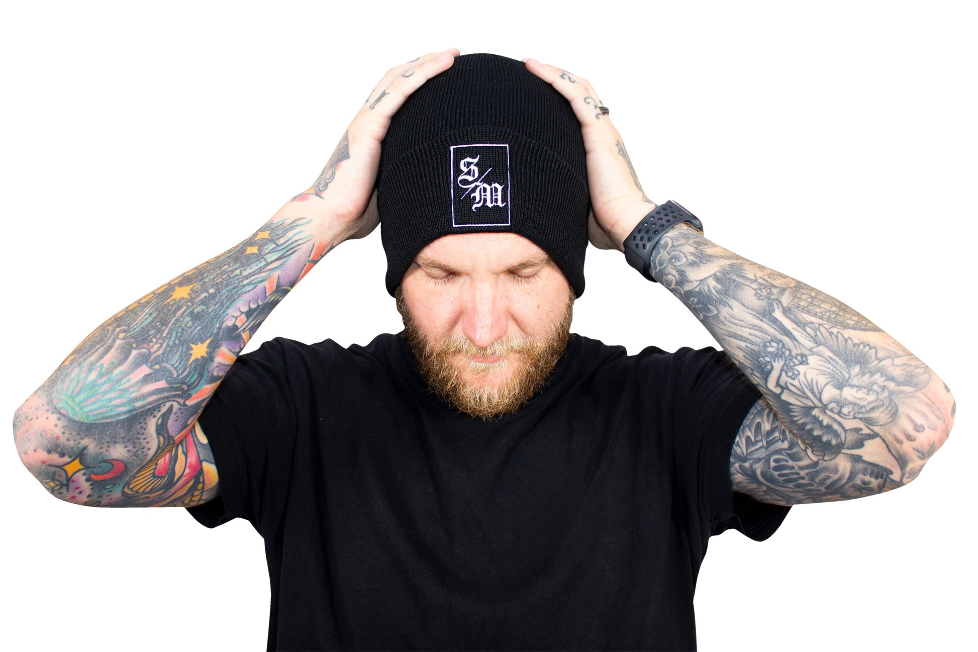 SM Initials Black Beanie model
