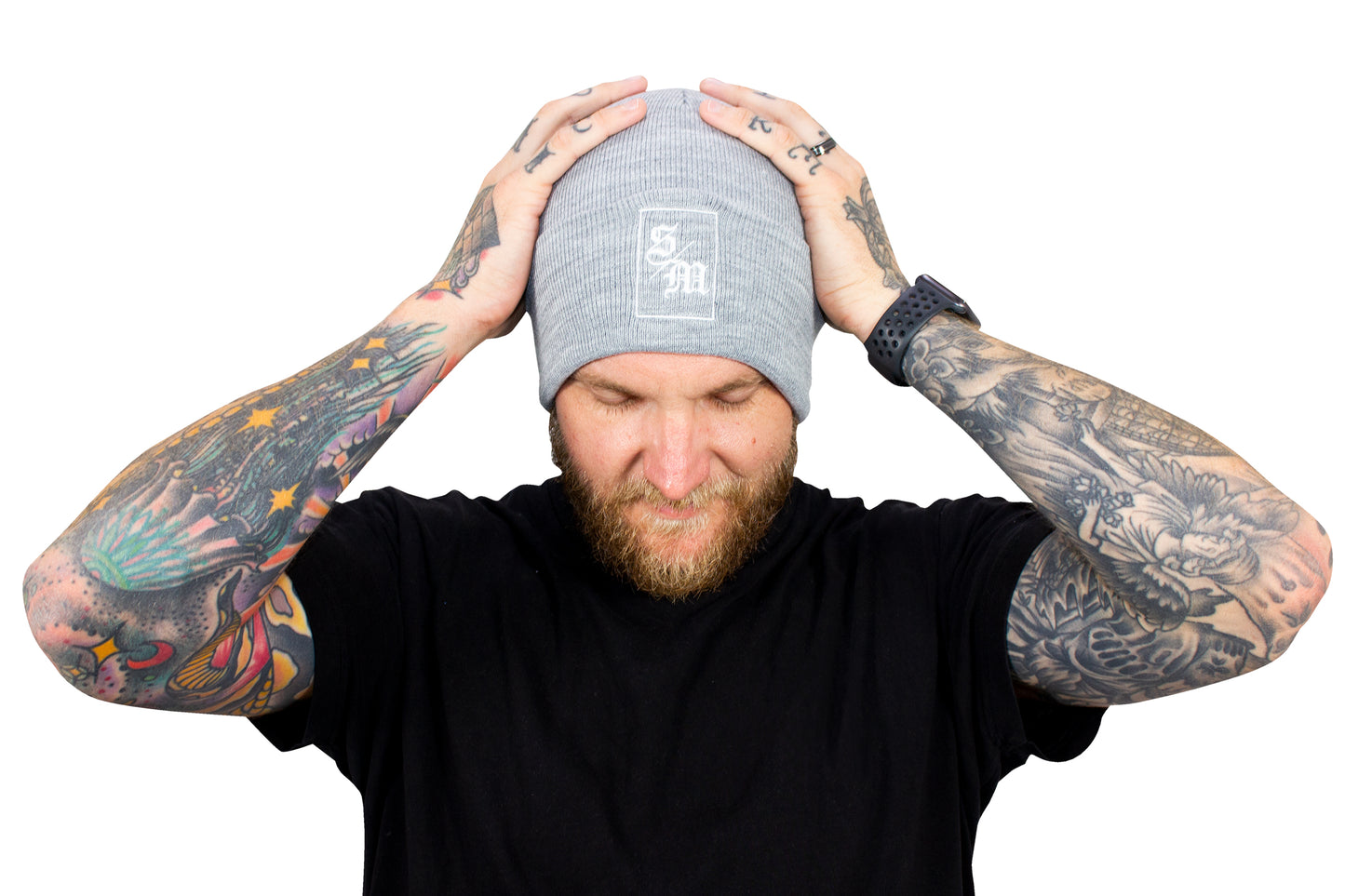SM Initials Grey Beanie model